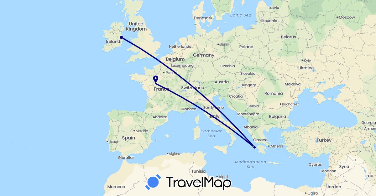 TravelMap itinerary: driving in France, Greece, Ireland (Europe)
